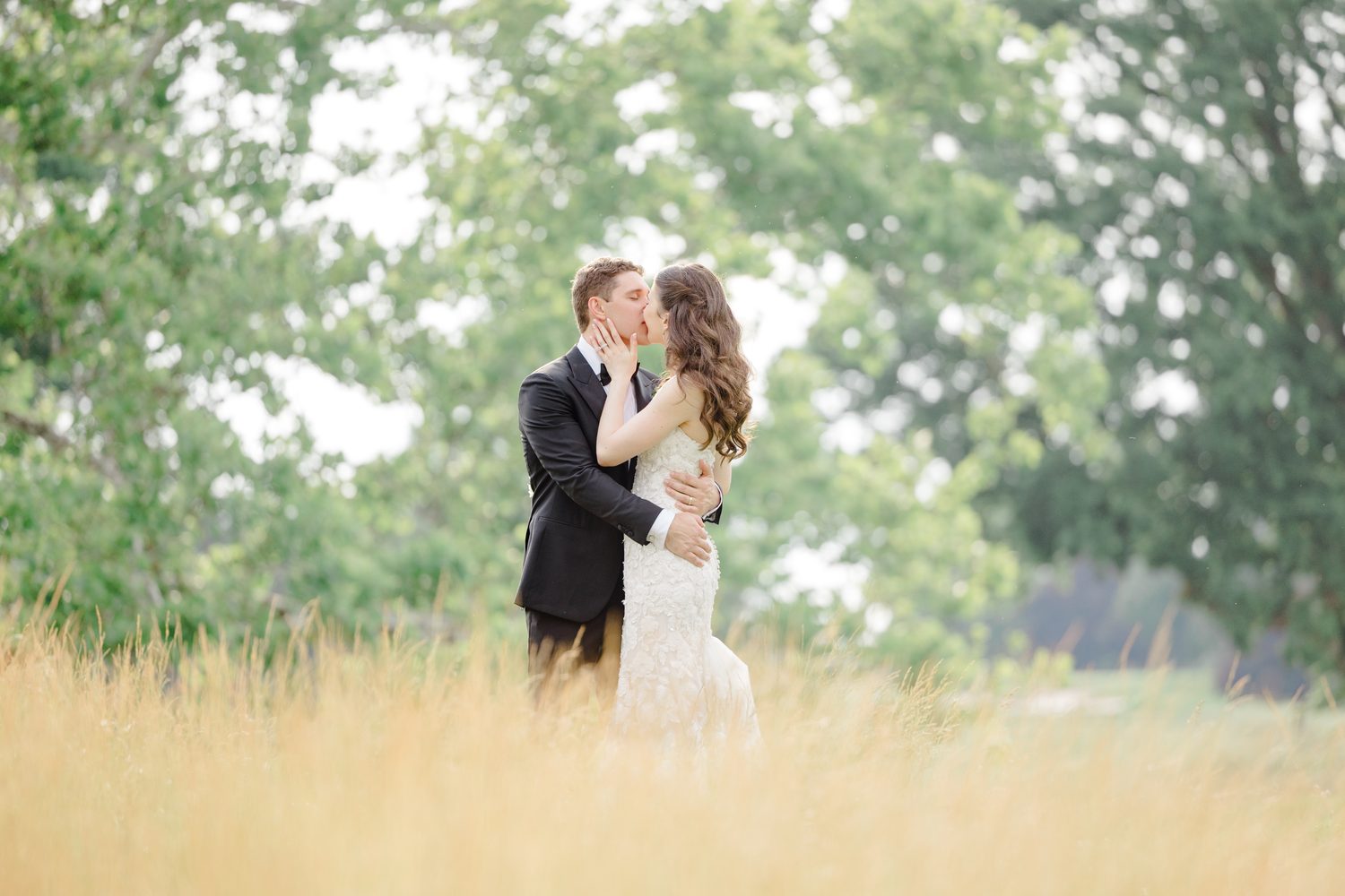 Abby and Will kissing in a field of tall golden grass at sunset, NJ wedding photographer