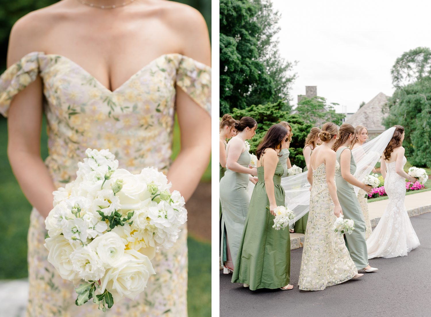 A bridesmaid's white bouquet and the bridesmaids in green dresses walking with Abby at Fiddler's Elbow
