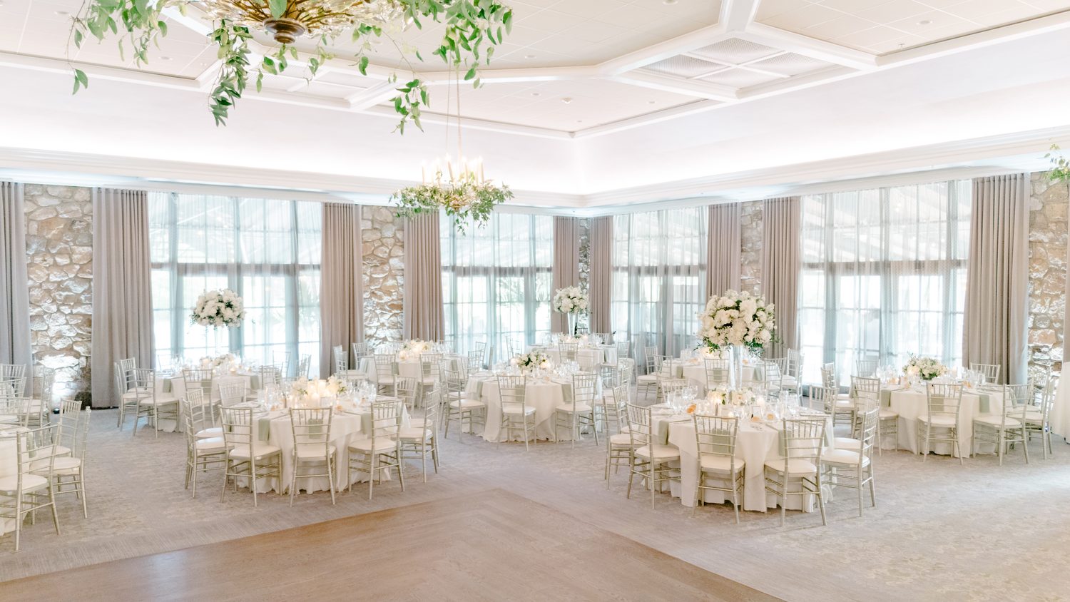 Drone view of the reception ballroom set for dinner at Fiddler's Elbow Country Club, NJ wedding photographer Susan Elizabeth Photography