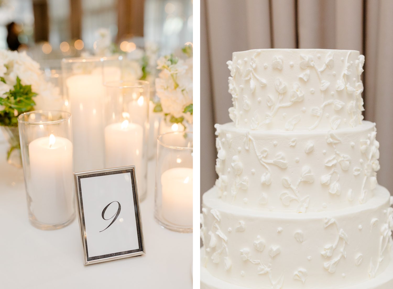 Table number nine with candles and the three-tier white wedding cake, NJ wedding reception details