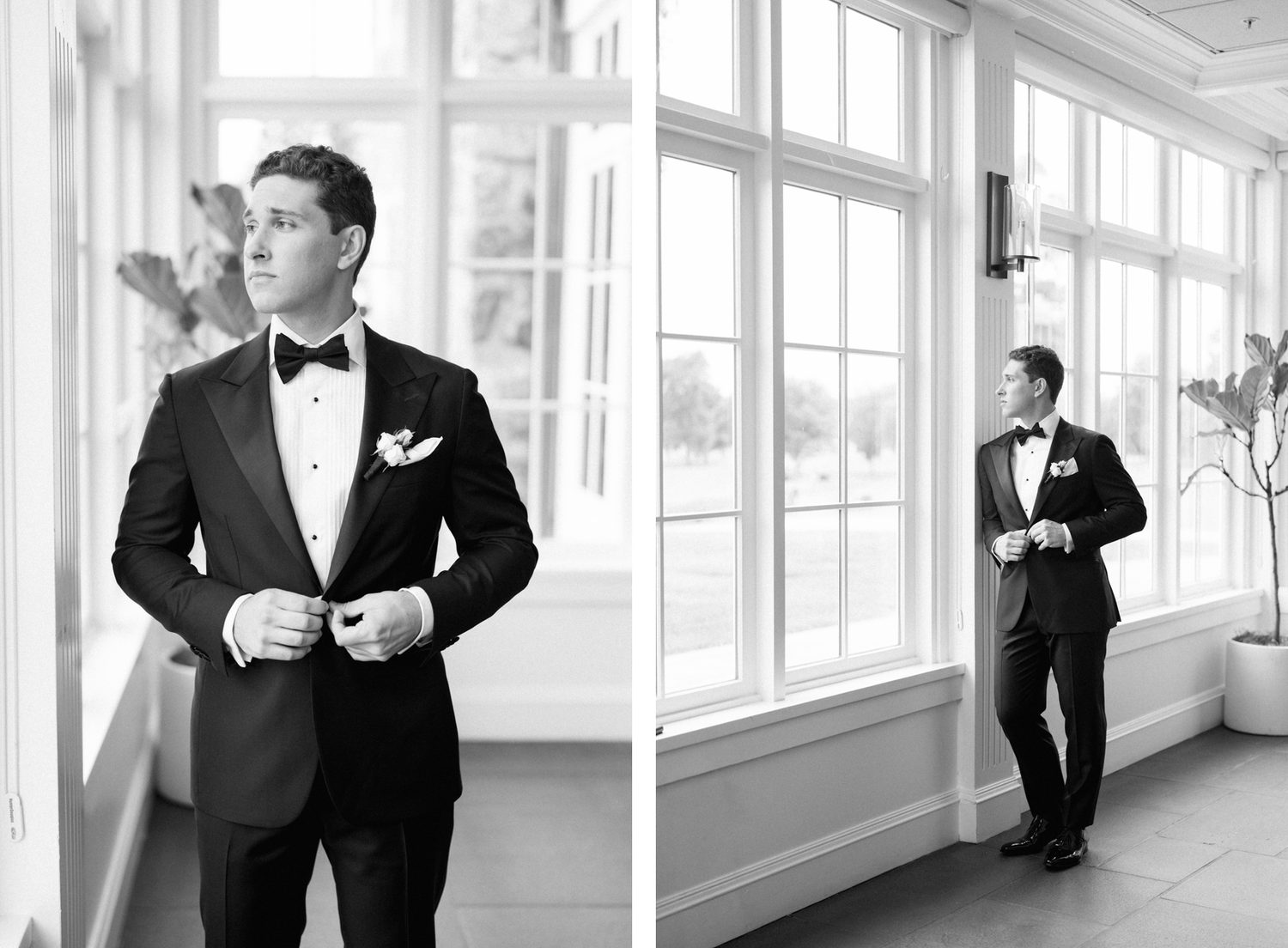 Black and white portraits of Will getting ready by the window